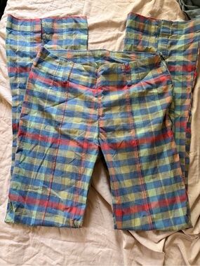 Free People Low Rise Plaid Fit and Flare Pants in Blue, Green & Red